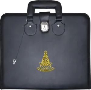 Masonic Past Master Apron Case – Machine Embroidered (Black Leather), MM Provincial Size | Freemason Carrying Bags