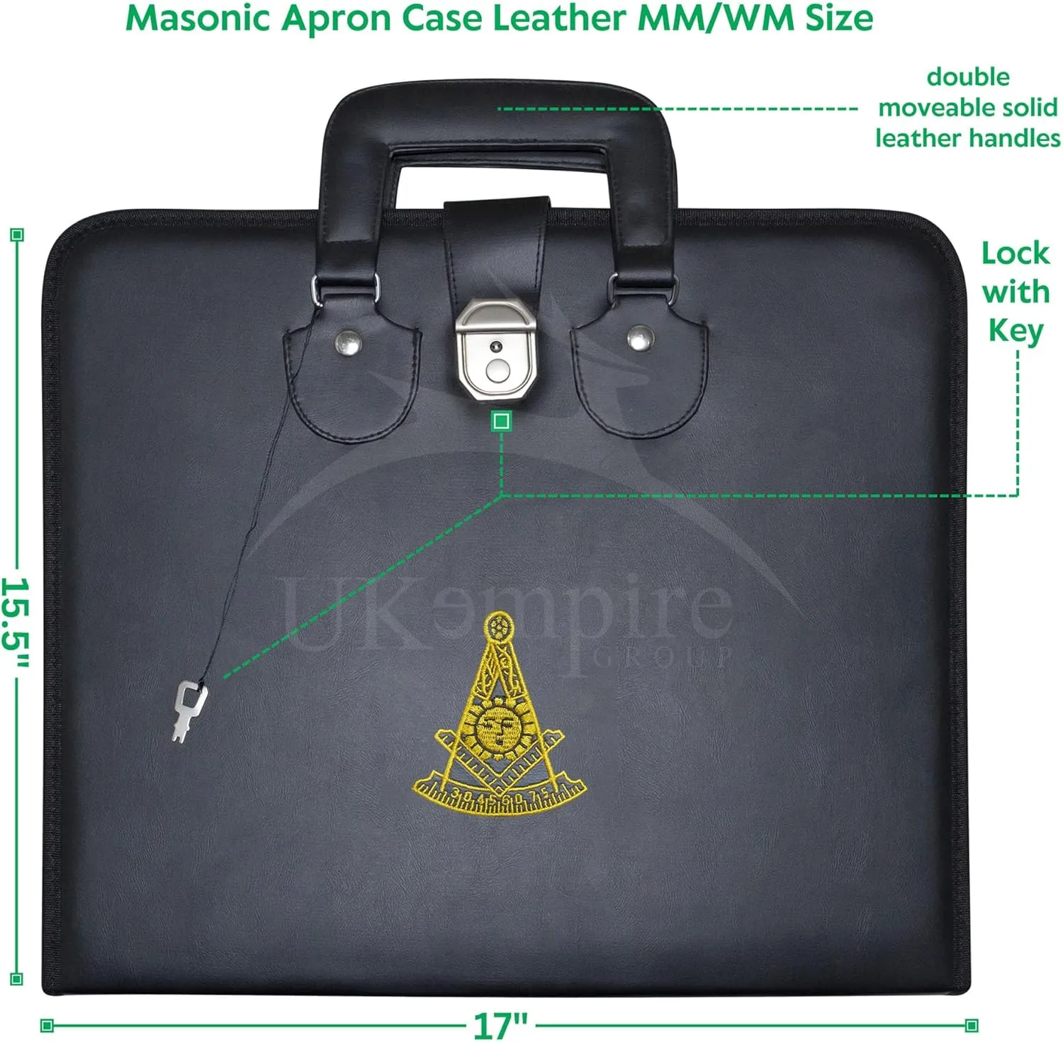 Masonic Past Master Apron Case – Machine Embroidered (Black Leather), MM Provincial Size | Freemason Carrying Bags