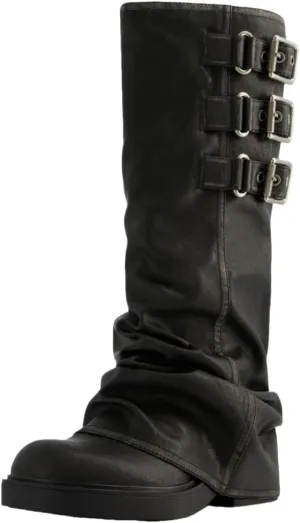 MAVMAX Women Slouchy Boots Casual Round Toe Pull On Riding Biker Boot Fold Over Chunky Low Heel Platform Boots Buckle Black US8.5