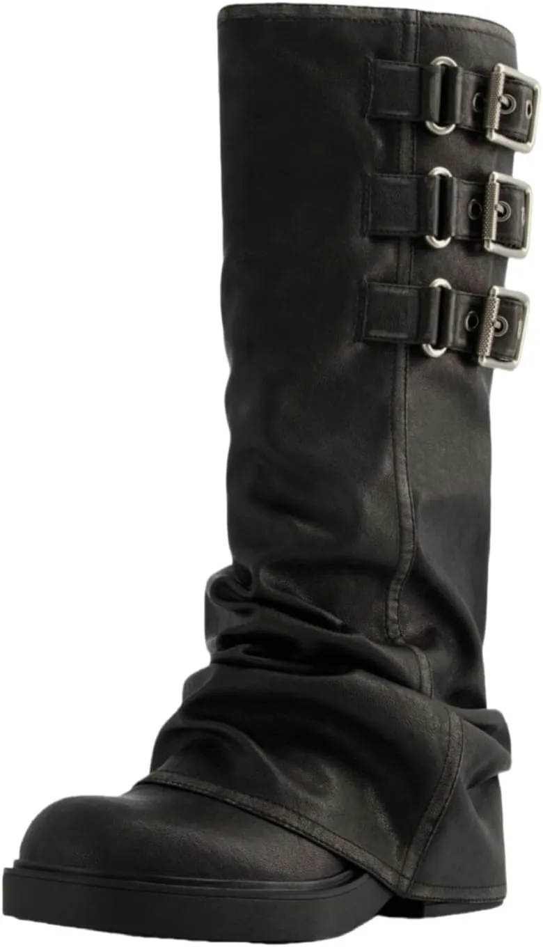MAVMAX Women Slouchy Boots Casual Round Toe Pull On Riding Biker Boot Fold Over Chunky Low Heel Platform Boots Buckle Black US8.5