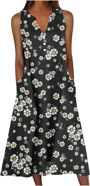 Maxi Dresses for Women 2025 Casual Summer Sleeveless Sundress Beach Wear Vacation Long Dress Boho V-Neck Button Dress