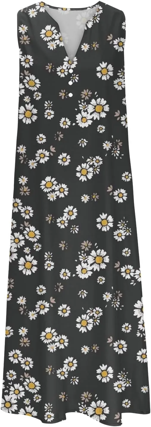 Maxi Dresses for Women 2025 Casual Summer Sleeveless Sundress Beach Wear Vacation Long Dress Boho V-Neck Button Dress