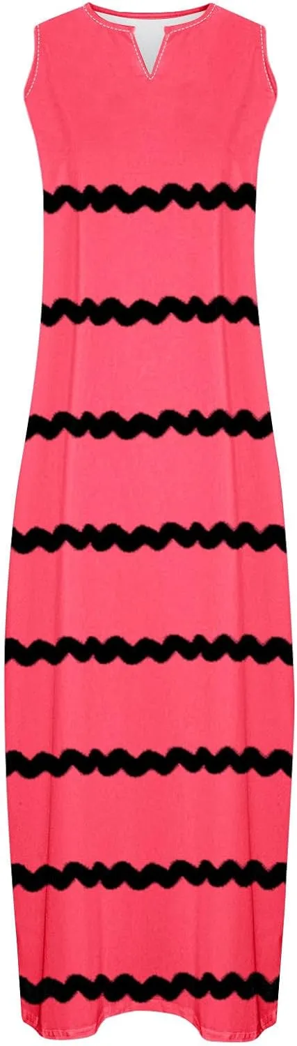 Maxi Dresses for Women Trendy 2024 Sleeveless Striped Print Beach Vacation Long Sundress Causal Party Prom Dress