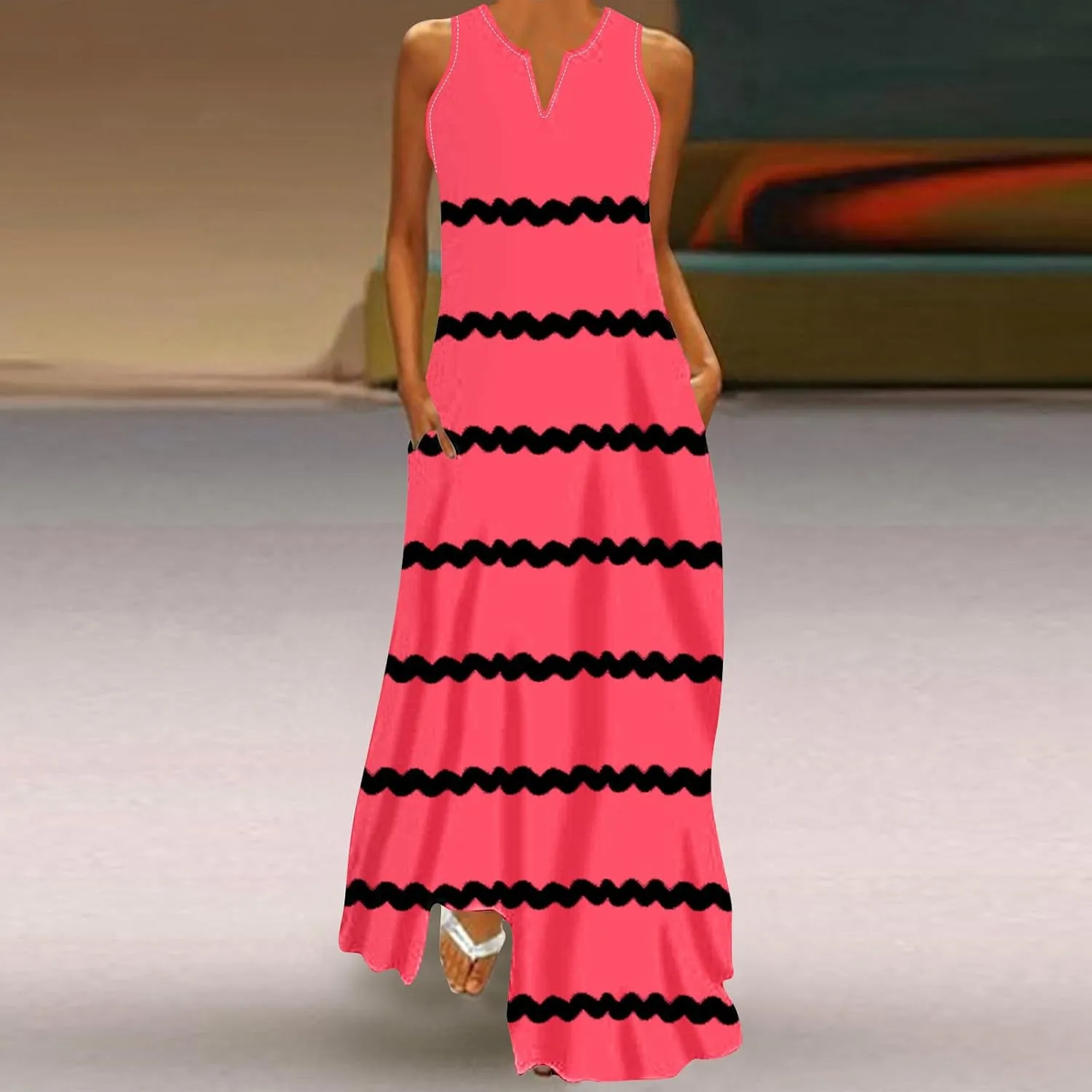 Maxi Dresses for Women Trendy 2024 Sleeveless Striped Print Beach Vacation Long Sundress Causal Party Prom Dress