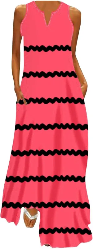Maxi Dresses for Women Trendy 2024 Sleeveless Striped Print Beach Vacation Long Sundress Causal Party Prom Dress