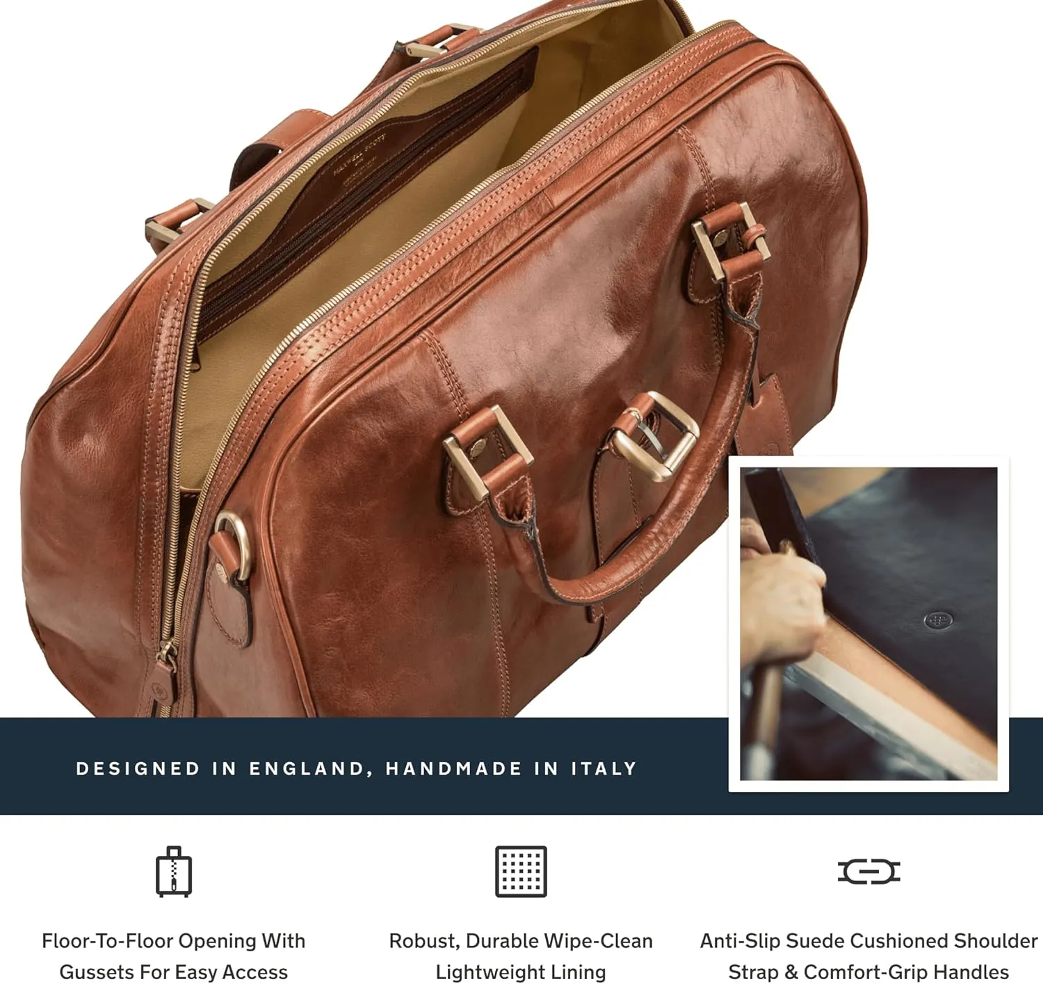 Maxwell Scott - Luxury Mens Womens Leather Carry-On Cabin Luggage for Travel - Handmade in Italy - The Farini Chestnut Tan