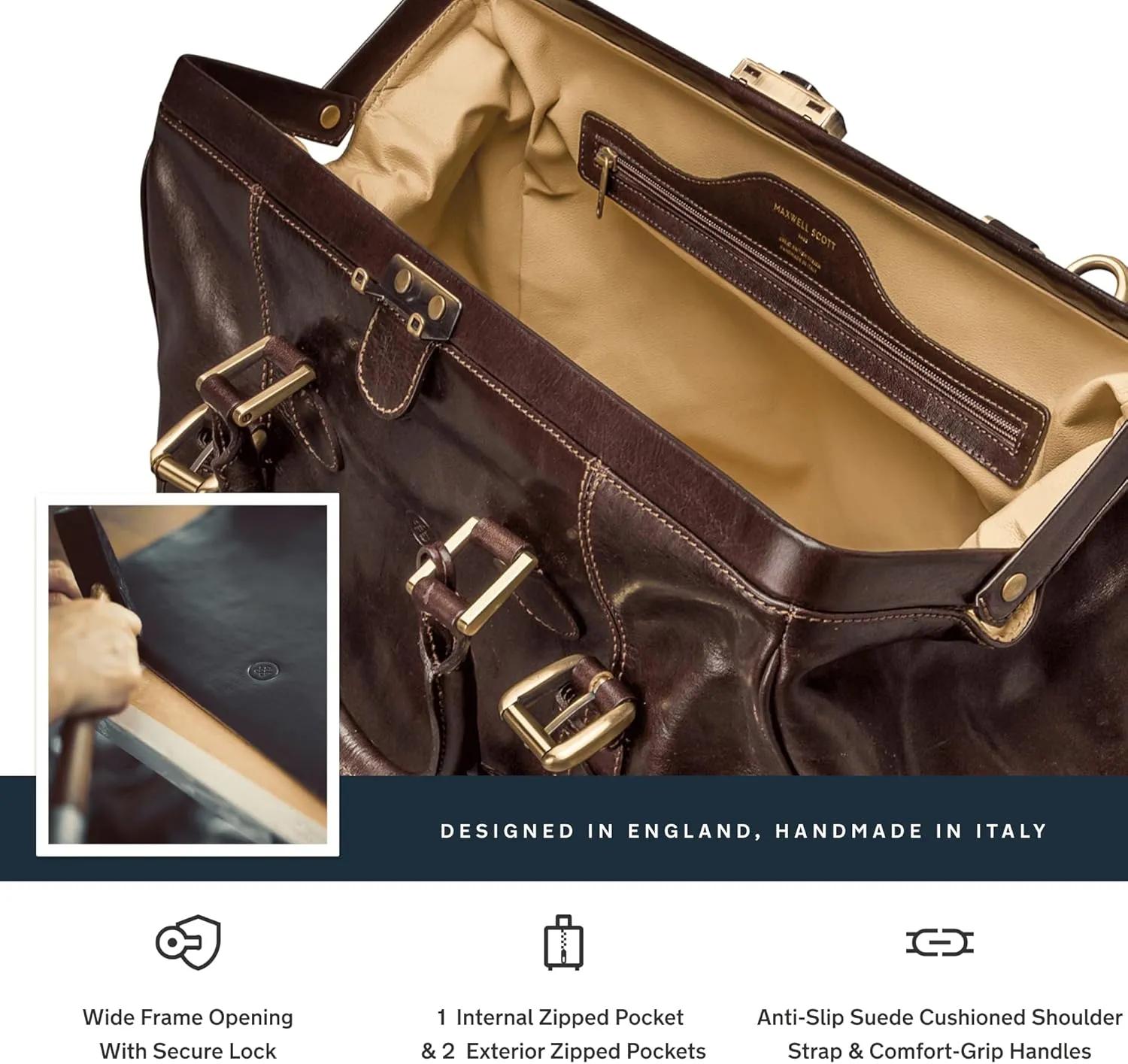 Maxwell Scott - Mens Luxury Leather Large Gladstone Duffle Bag for Luxury Travelling - The Gassano Large Dark Brown