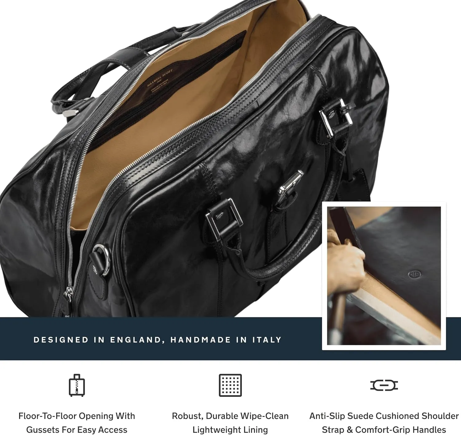 Maxwell Scott - Personalized Luxury Mens Womens Leather Carry-On Cabin Luggage Bag for Luxury Travel - The Farini Black