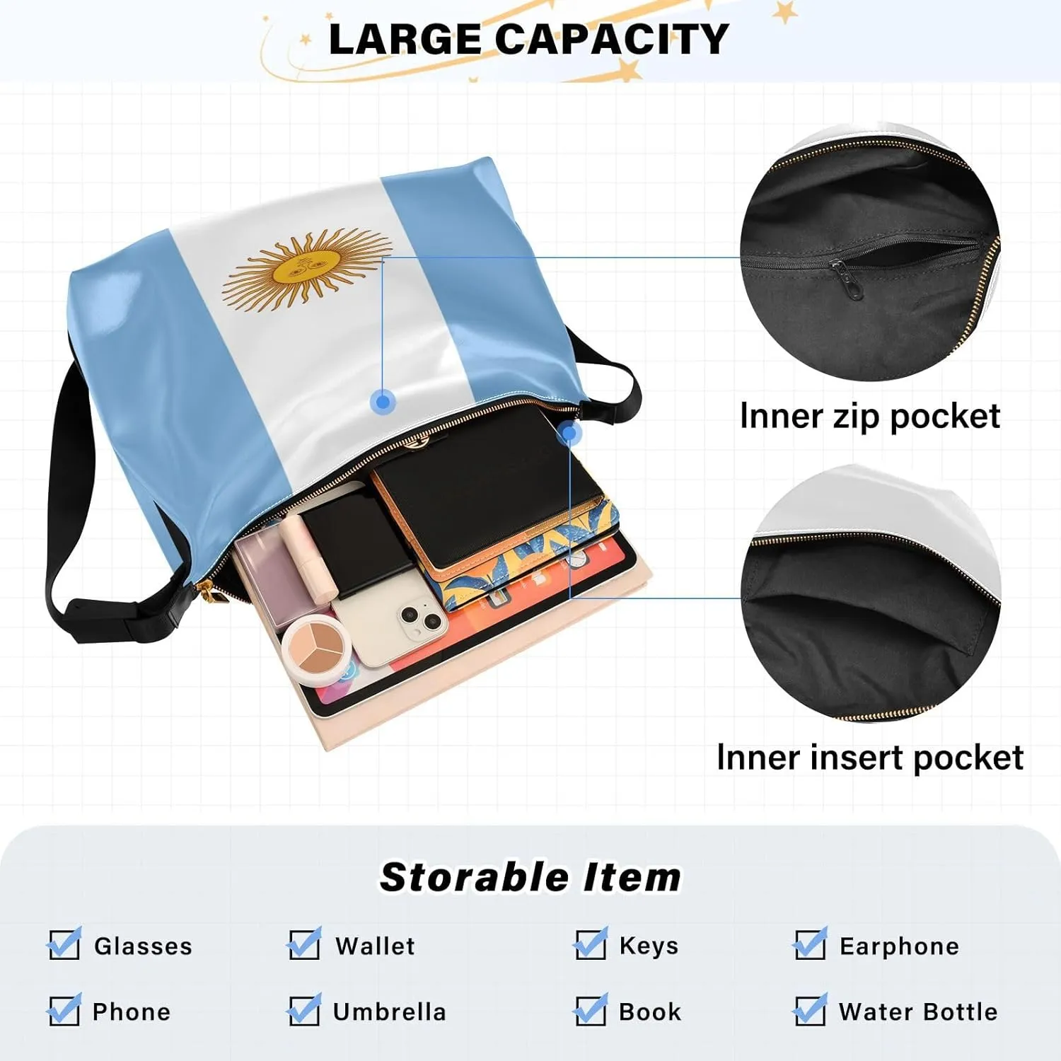 MCHIVER Flag Hobo Shoulder Bag for Women Men PU Leather Crossbody Bag Slouchy Tote Handbags for Working Shopping Traveling