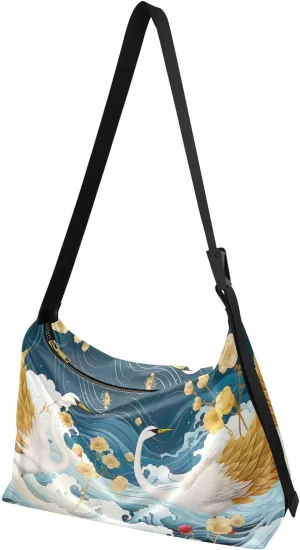 MCHIVER Golden Crane Waves Hobo Shoulder Bag for Women Men PU Leather Crossbody Bag Slouchy Tote Handbags for Shopping Working Traveling