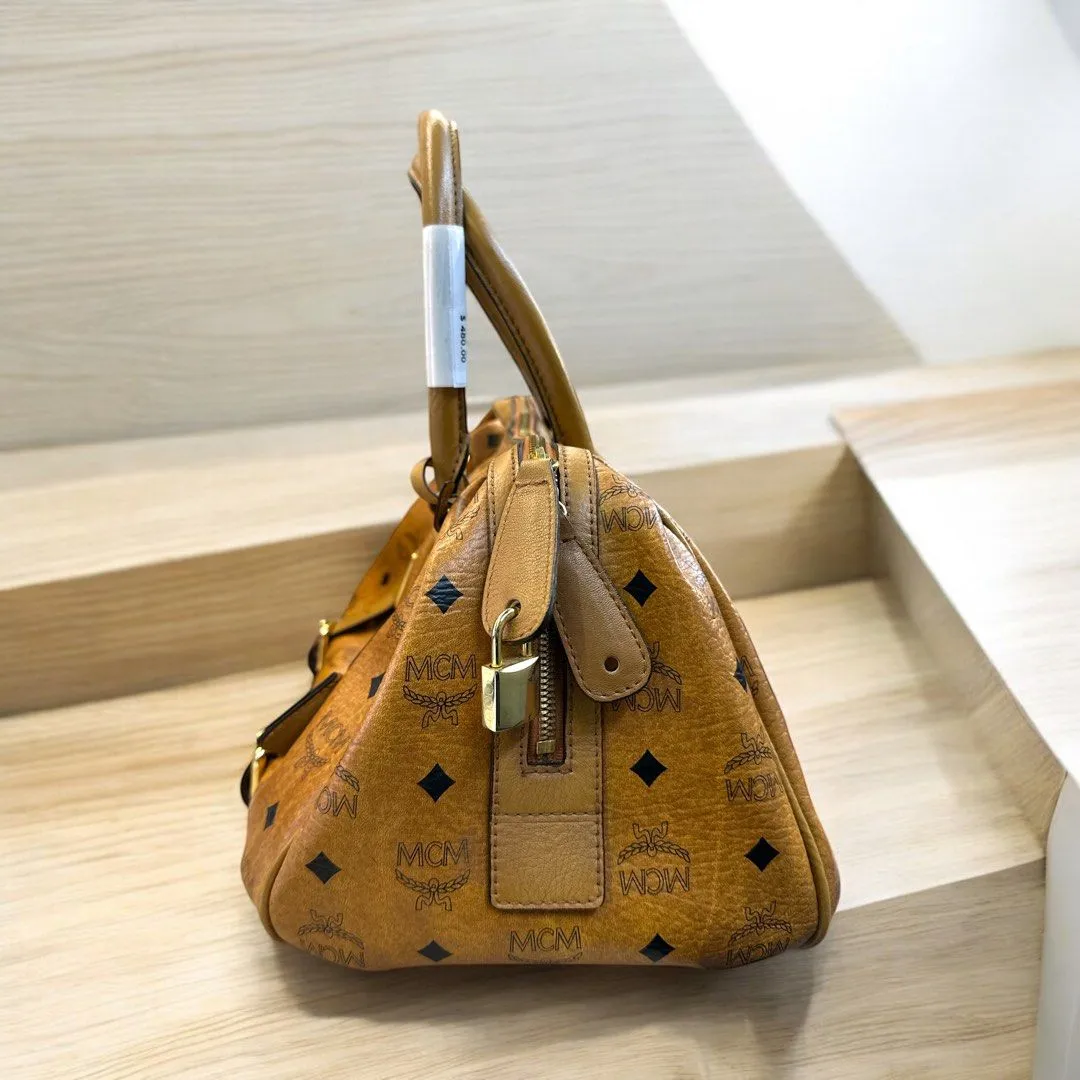MCM Visetos Cognac Bowling Satchel Bag (H21 x L28 x W21 cm)