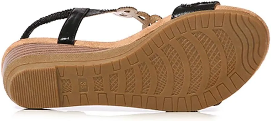 Meeshine Women's Wedge Sandals Summer Comfortable Casual Bohemian Beach Rhinestone Platform Shoes