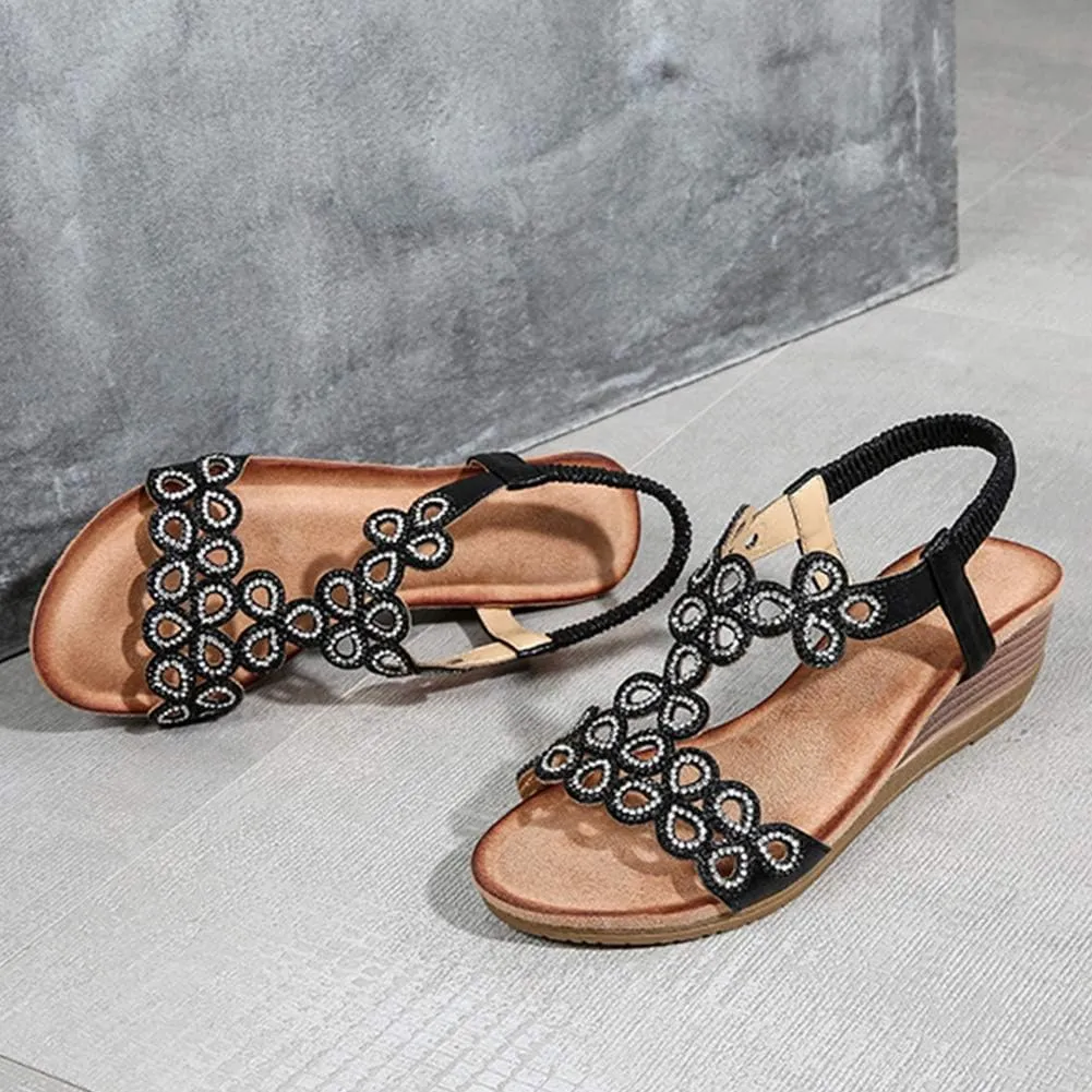 Meeshine Women's Wedge Sandals Summer Comfortable Casual Bohemian Beach Rhinestone Platform Shoes