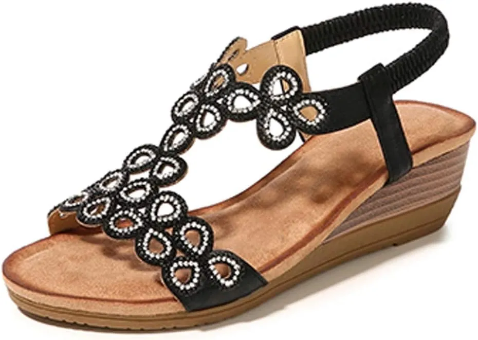 Meeshine Women's Wedge Sandals Summer Comfortable Casual Bohemian Beach Rhinestone Platform Shoes
