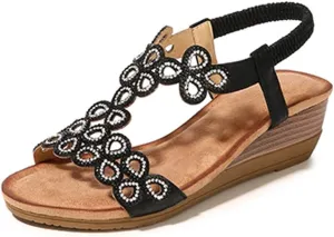 Meeshine Women's Wedge Sandals Summer Comfortable Casual Bohemian Beach Rhinestone Platform Shoes