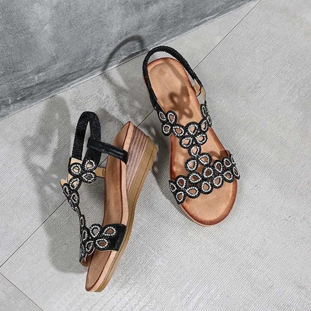 Meeshine Women's Wedge Sandals Summer Comfortable Casual Bohemian Beach Rhinestone Platform Shoes