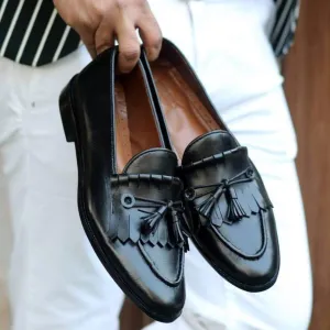 Men's Black Leather Tassel Fringe Moccasins