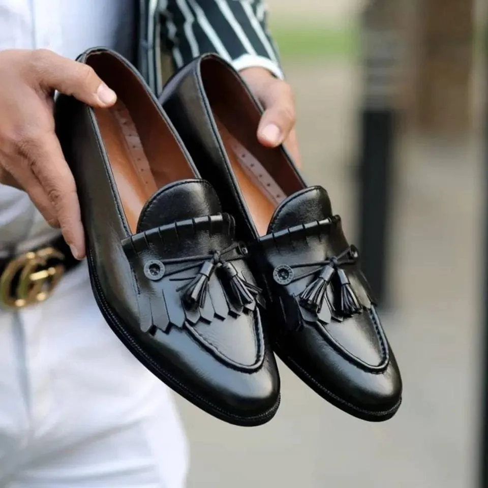 Men's Black Leather Tassel Fringe Moccasins