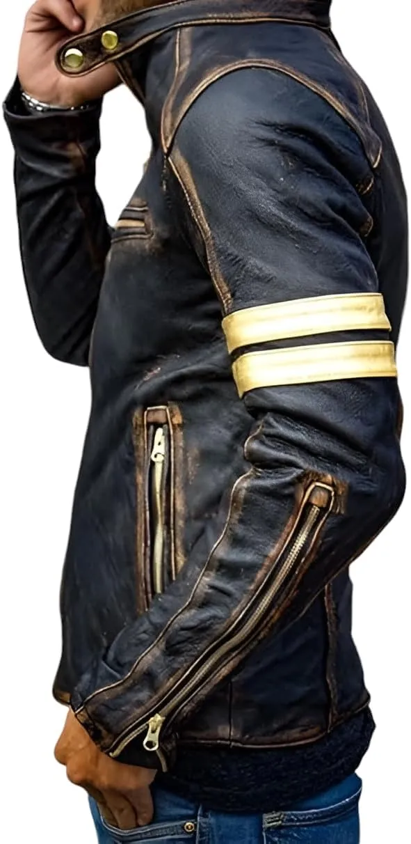 Mens Elite Distressed Real Lambskin Café Racer Motorcycle Jacket - Vintage Biker Fashion Leather Jacket