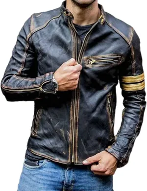 Mens Elite Distressed Real Lambskin Café Racer Motorcycle Jacket - Vintage Biker Fashion Leather Jacket