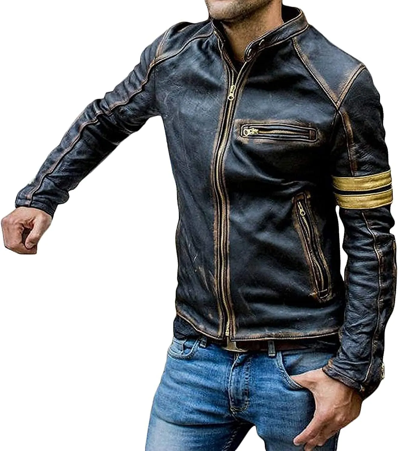Mens Elite Distressed Real Lambskin Café Racer Motorcycle Jacket - Vintage Biker Fashion Leather Jacket