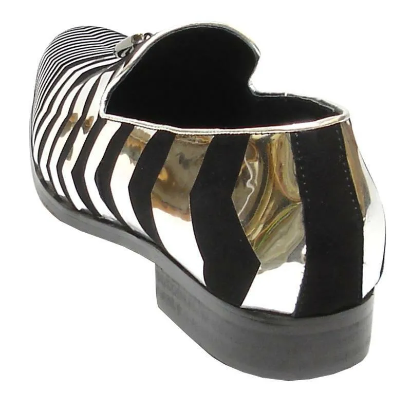 Men's Fiesso Silver Black Suede Foil Zig Zag Design Slip On Shoes FI 6945