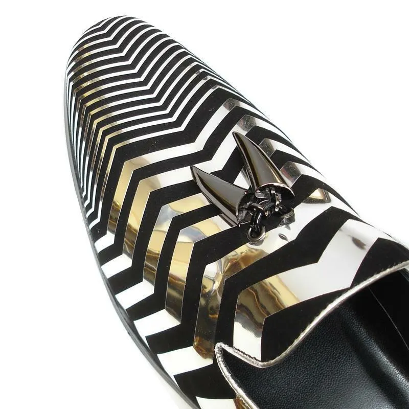 Men's Fiesso Silver Black Suede Foil Zig Zag Design Slip On Shoes FI 6945