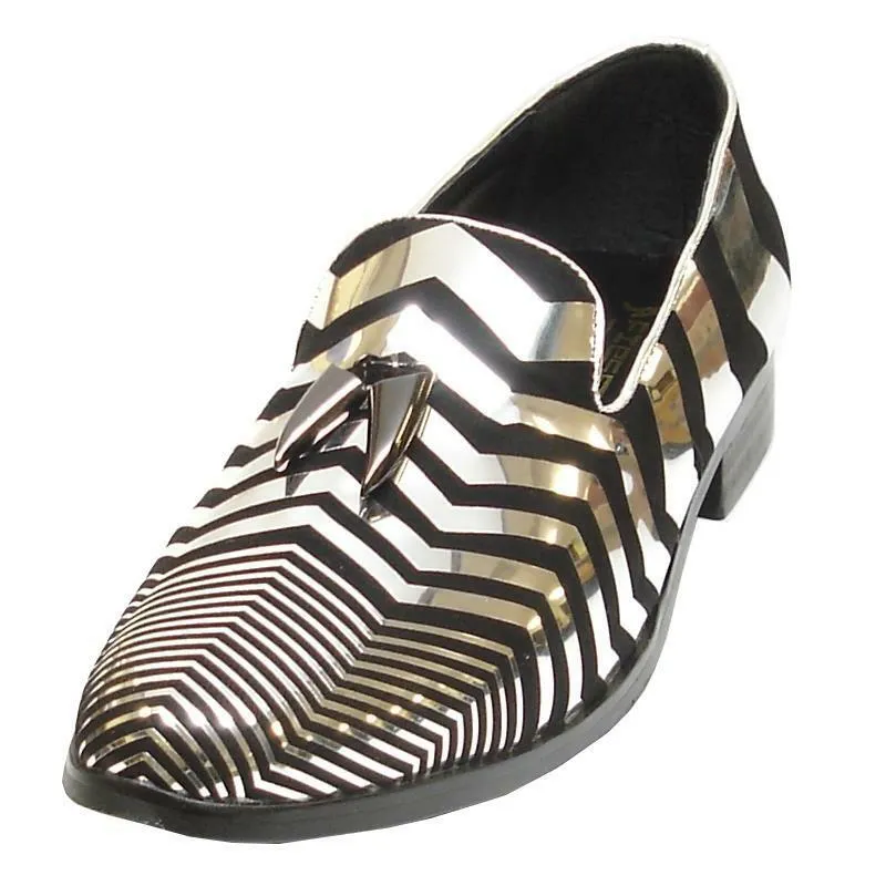 Men's Fiesso Silver Black Suede Foil Zig Zag Design Slip On Shoes FI 6945