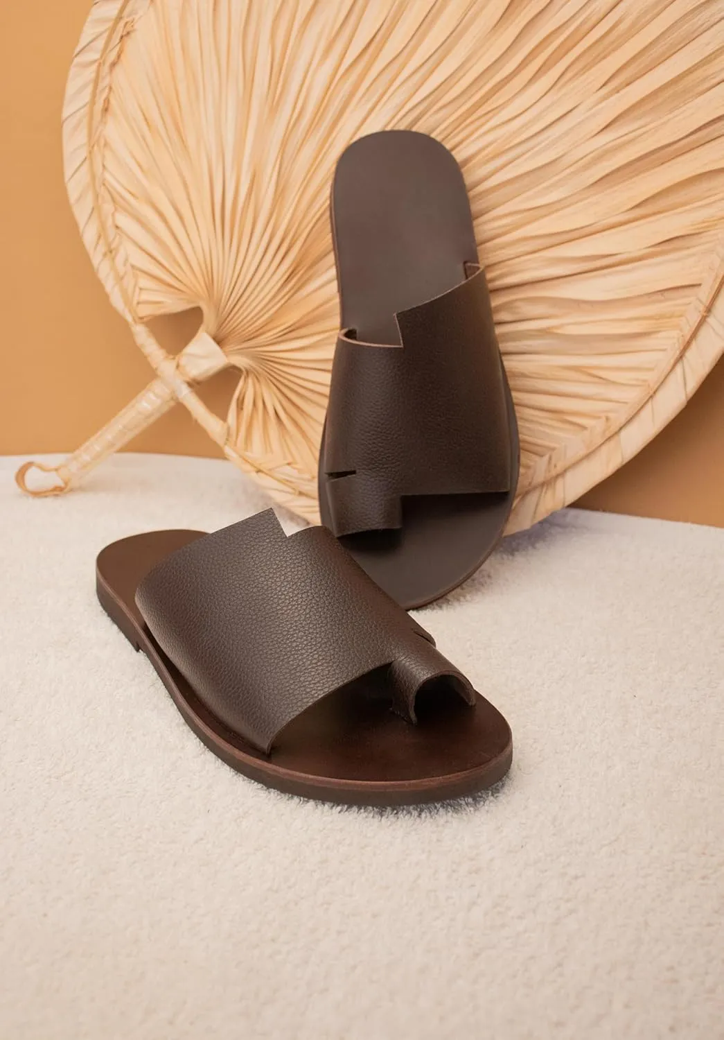 Men's Handmade Cobbled Leather Cutout Sandals with Toe Ring, Jagged Edges, Leather Insole, Wide Straps, EVA Sole, 100% Genuine Leather (US 10.5 / EUR 44, BROWN)