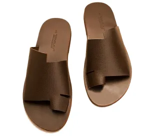 Men's Handmade Cobbled Leather Cutout Sandals with Toe Ring, Jagged Edges, Leather Insole, Wide Straps, EVA Sole, 100% Genuine Leather (US 10.5 / EUR 44, BROWN)