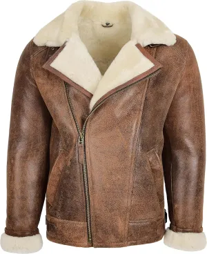 Mens Real Sheepskin Jacket Aviator Pilot Flying Style Cross Zip Blen (L, Antique Brown)