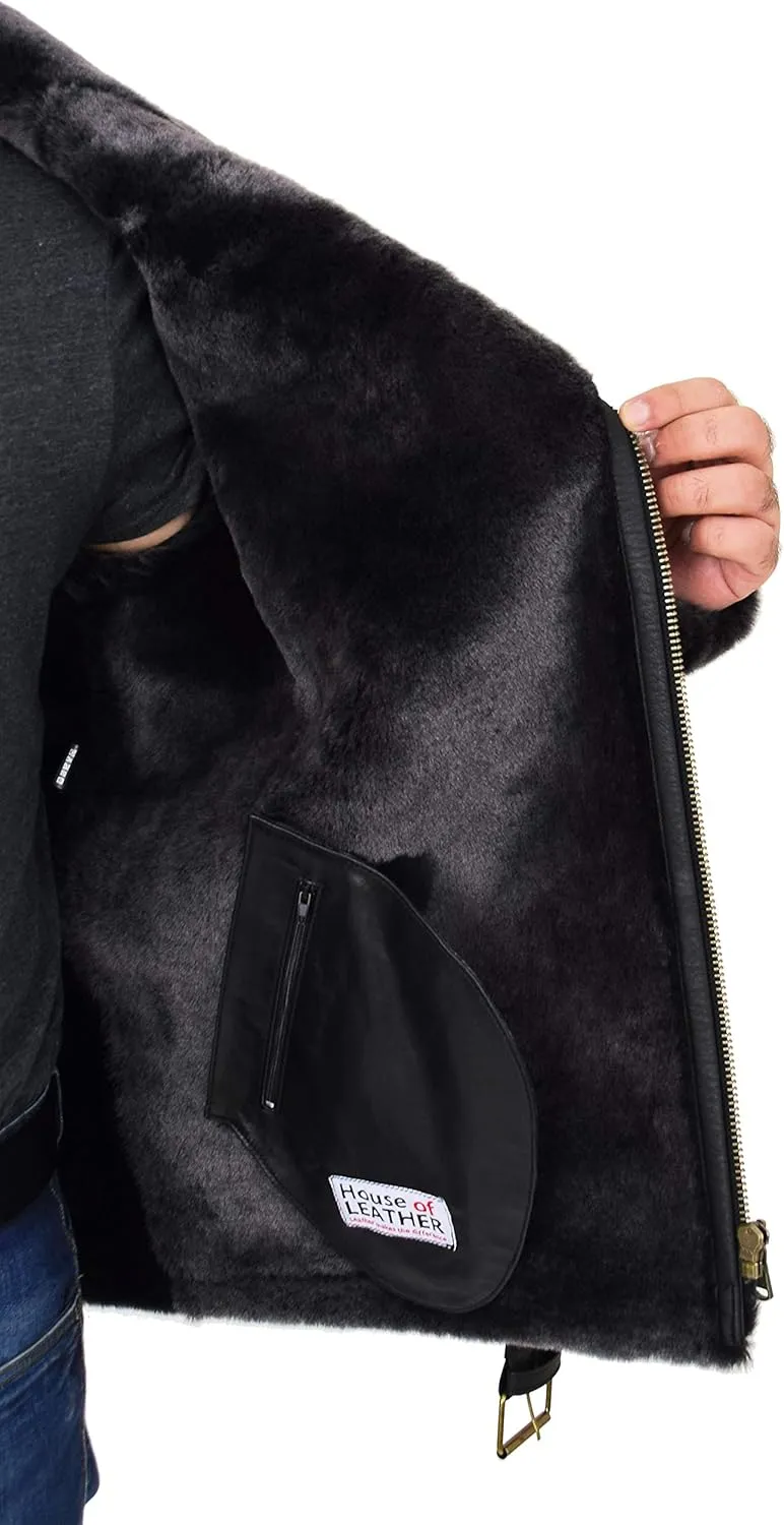 Mens Real Sheepskin Jacket Black X-Zip Aviator Brando Shearling Biker Style Coat Hugh