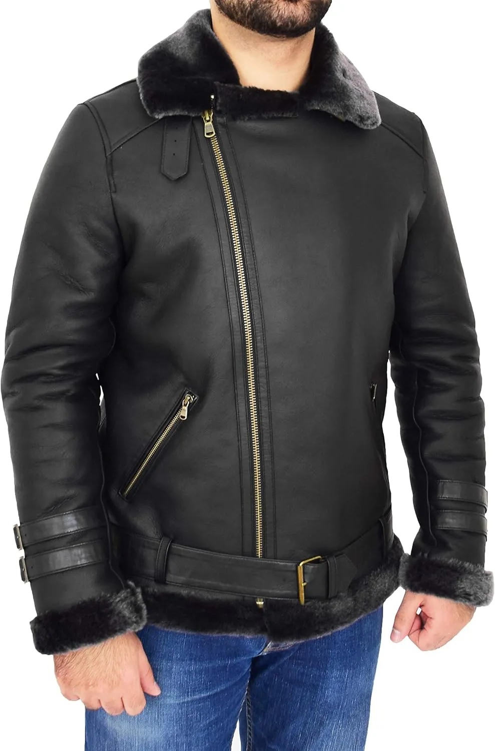 Mens Real Sheepskin Jacket Black X-Zip Aviator Brando Shearling Biker Style Coat Hugh
