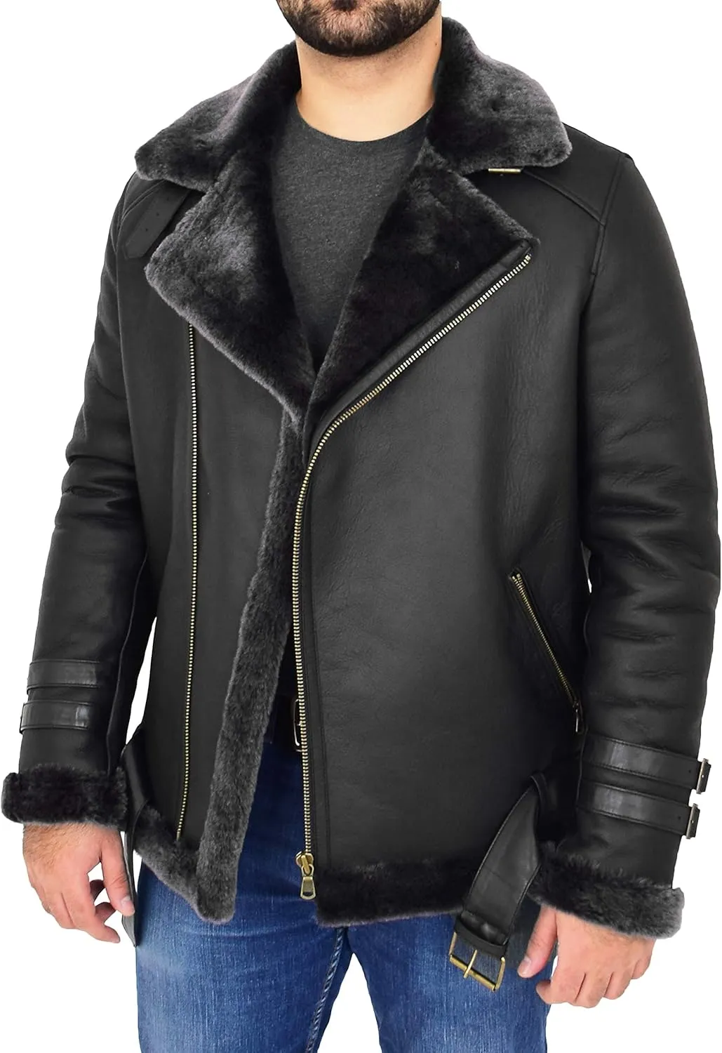 Mens Real Sheepskin Jacket Black X-Zip Aviator Brando Shearling Biker Style Coat Hugh