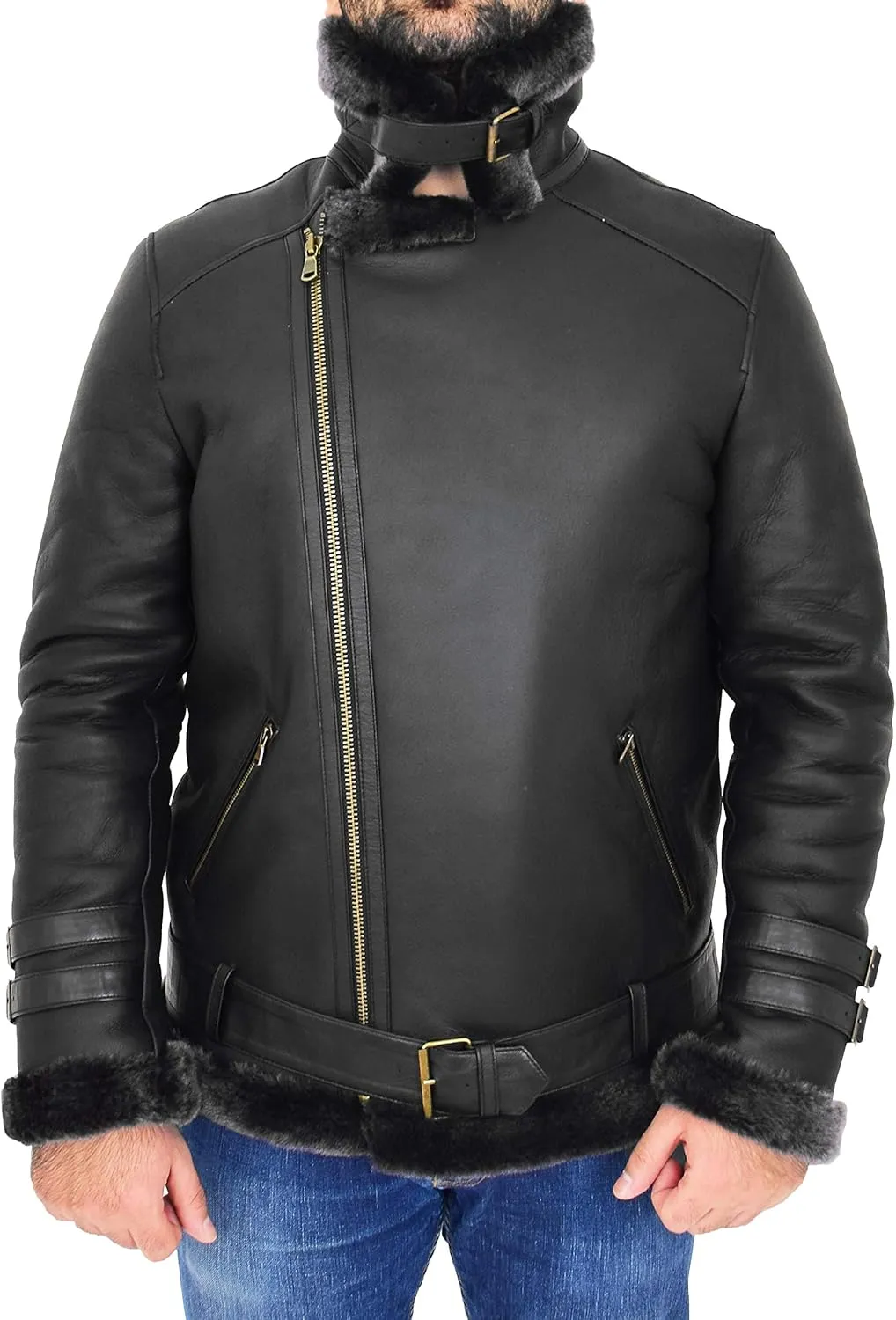 Mens Real Sheepskin Jacket Black X-Zip Aviator Brando Shearling Biker Style Coat Hugh