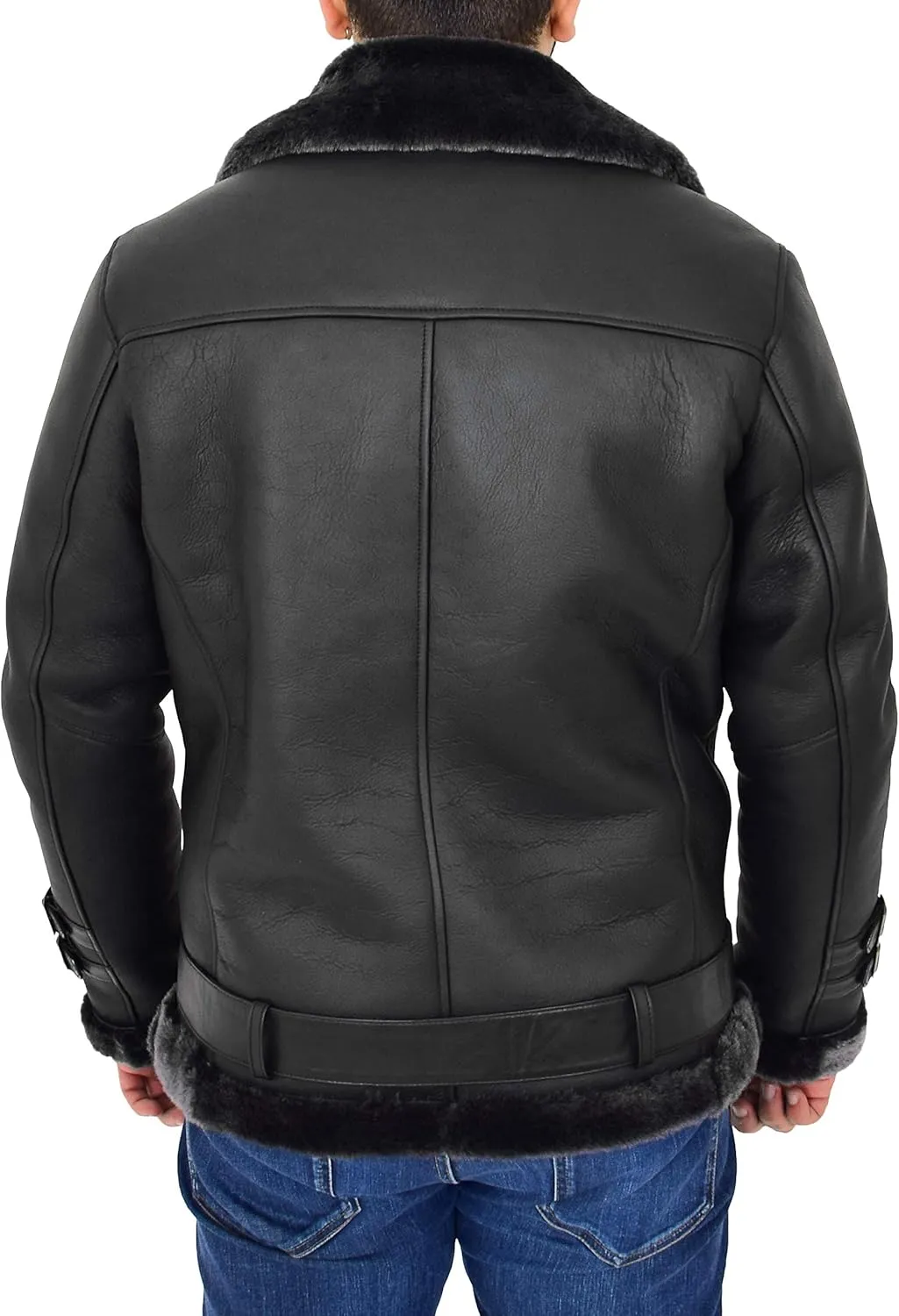 Mens Real Sheepskin Jacket Black X-Zip Aviator Brando Shearling Biker Style Coat Hugh