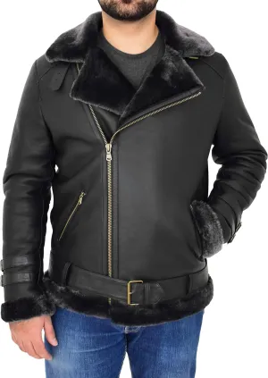 Mens Real Sheepskin Jacket Black X-Zip Aviator Brando Shearling Biker Style Coat Hugh