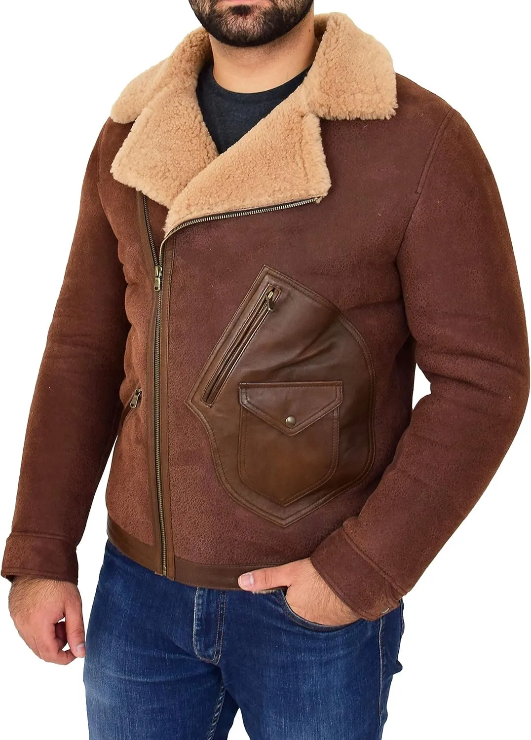 Mens Real Sheepskin Jacket Fitted Antique Brown Flying Shearling Aviator B3 Coat Rocky