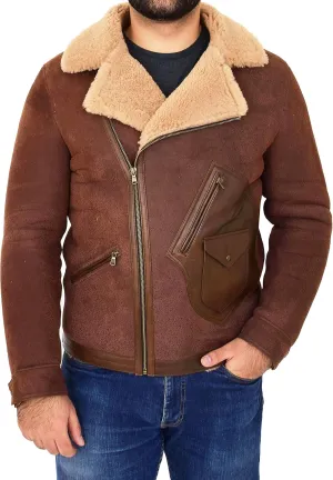 Mens Real Sheepskin Jacket Fitted Antique Brown Flying Shearling Aviator B3 Coat Rocky