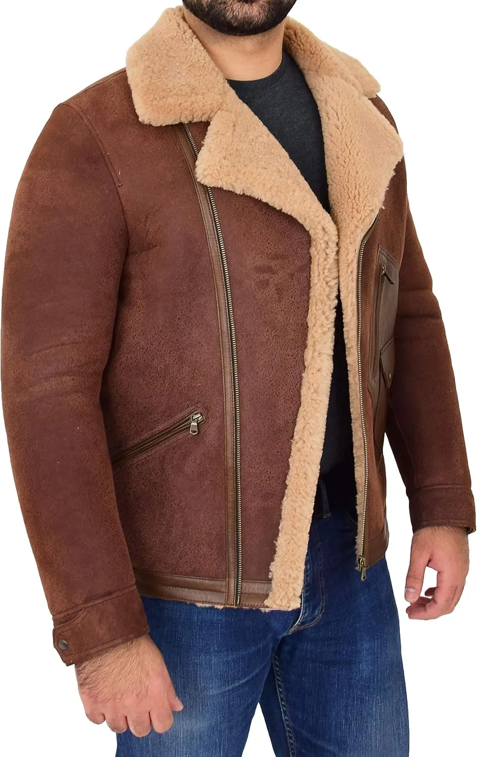 Mens Real Sheepskin Jacket Fitted Antique Brown Flying Shearling Aviator B3 Coat Rocky