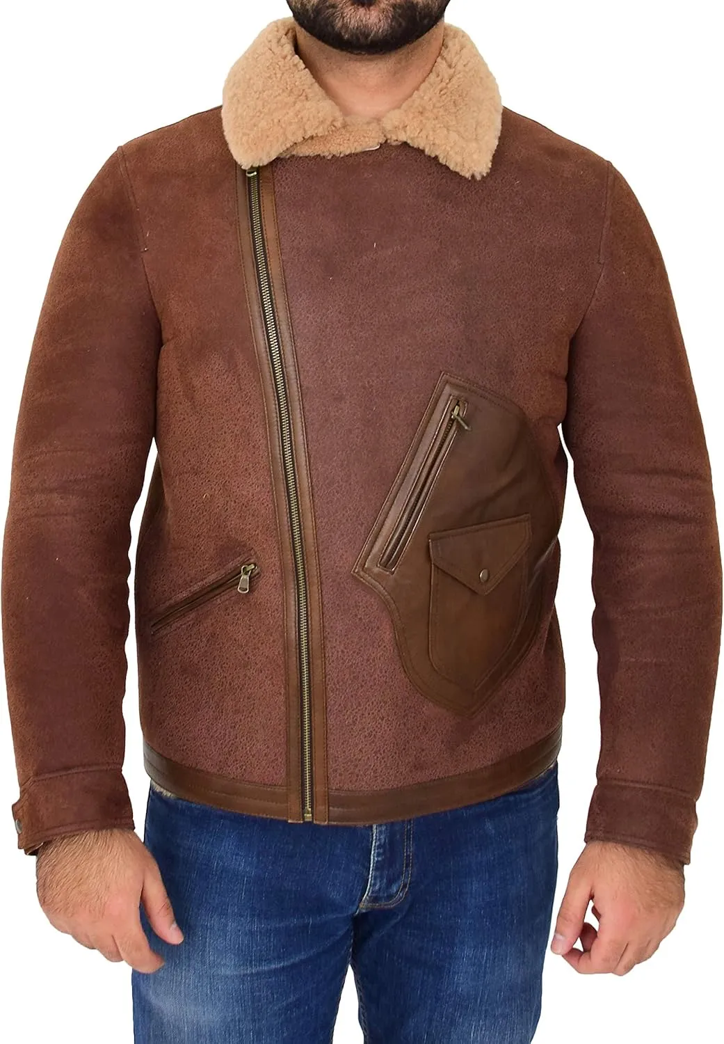 Mens Real Sheepskin Jacket Fitted Antique Brown Flying Shearling Aviator B3 Coat Rocky