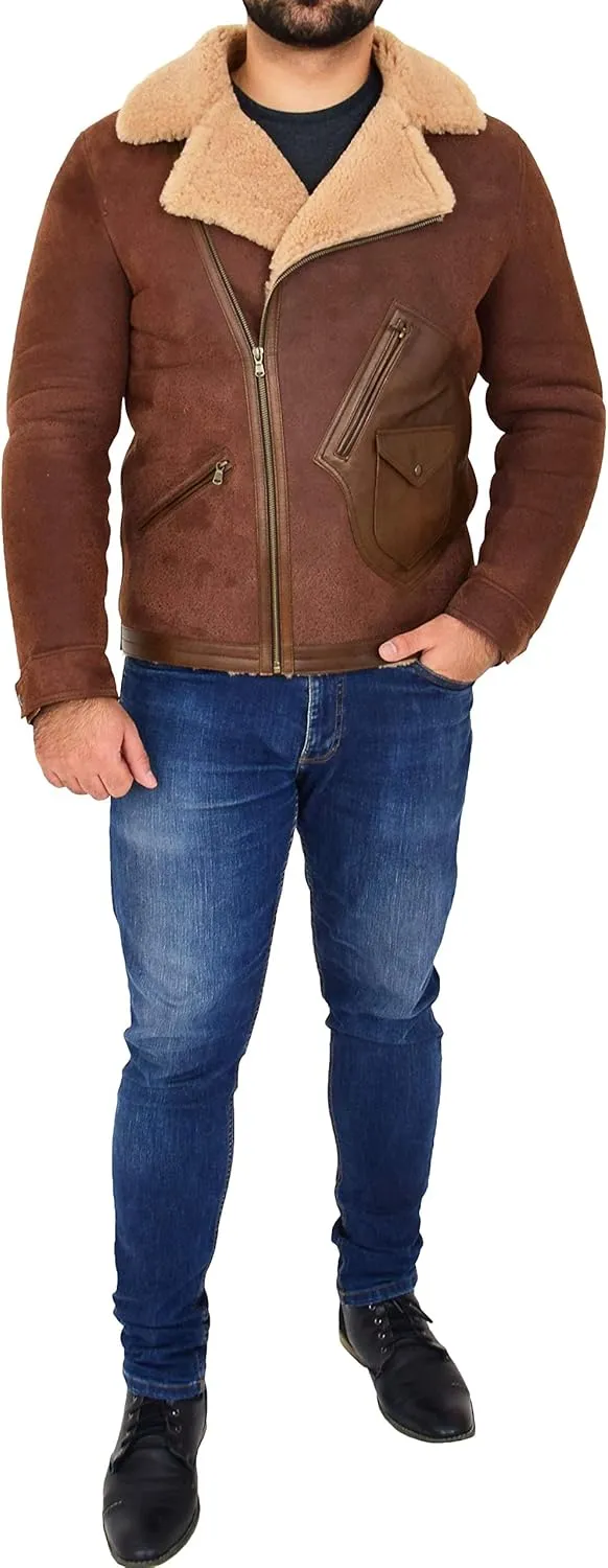 Mens Real Sheepskin Jacket Fitted Antique Brown Flying Shearling Aviator B3 Coat Rocky