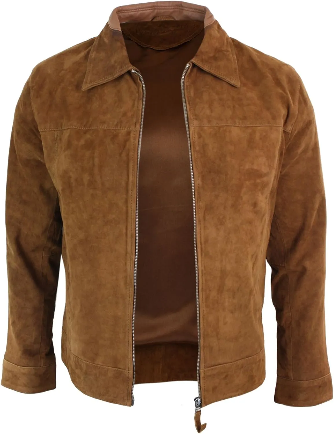 Mens Real Suede Leather Classic Zip Jacket Camel Turn Down Collar Vintage Retro