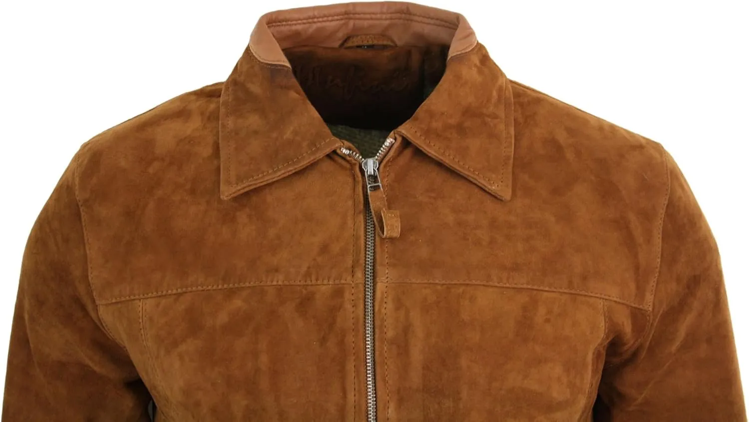 Mens Real Suede Leather Classic Zip Jacket Camel Turn Down Collar Vintage Retro