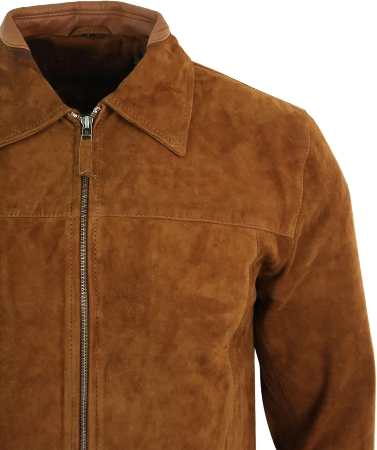 Mens Real Suede Leather Classic Zip Jacket Camel Turn Down Collar Vintage Retro