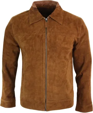 Mens Real Suede Leather Classic Zip Jacket Camel Turn Down Collar Vintage Retro