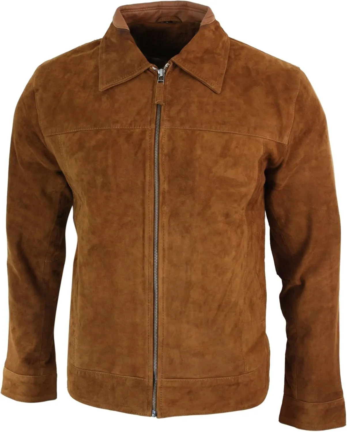 Mens Real Suede Leather Classic Zip Jacket Camel Turn Down Collar Vintage Retro