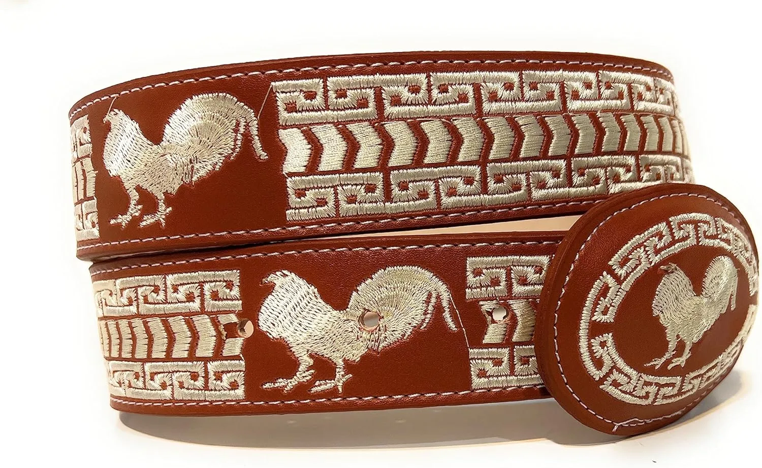 Men's Rooster Embroidered Western Leather Belt, Cinto Vaquero Bordado Con Gallo
