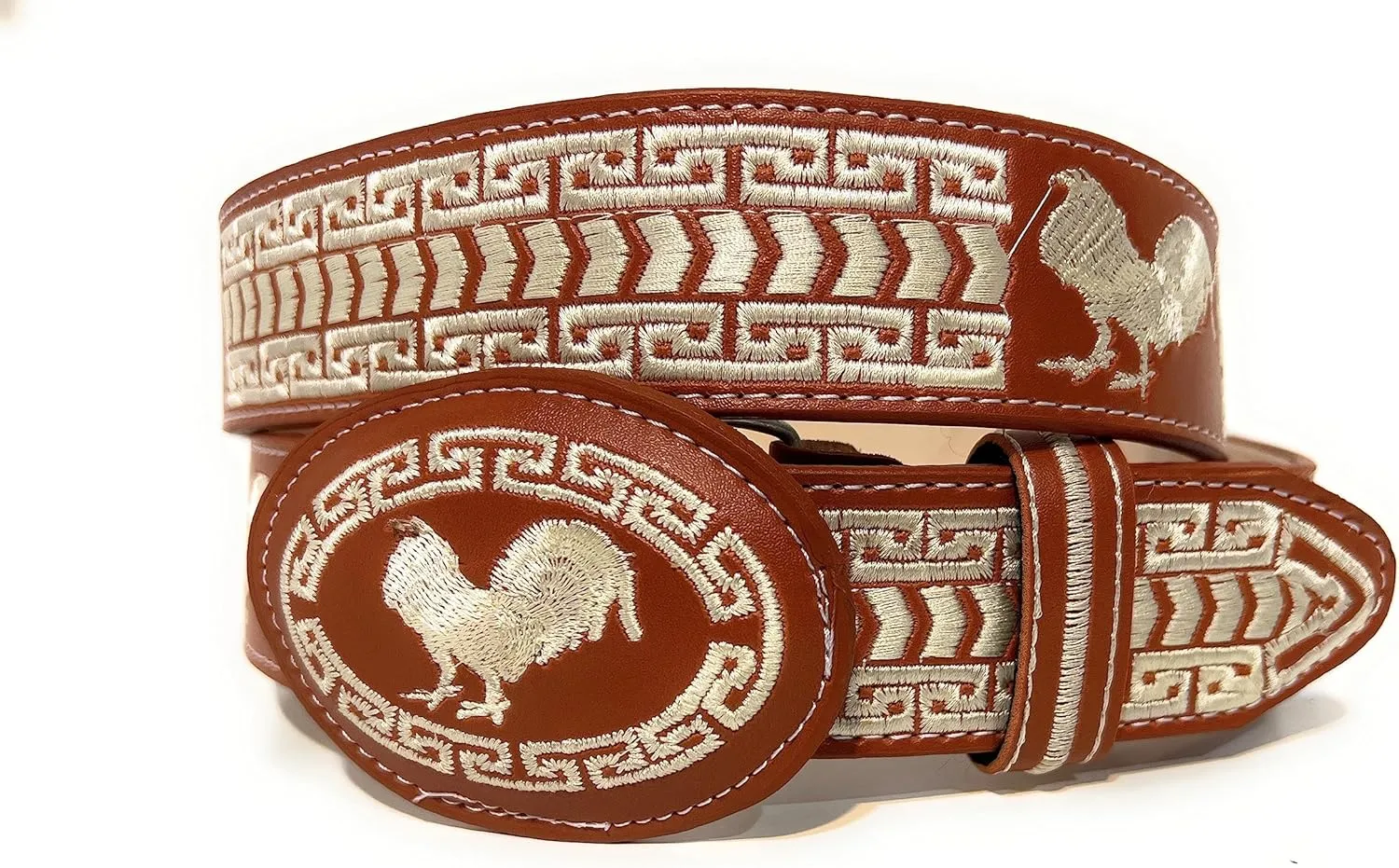 Men's Rooster Embroidered Western Leather Belt, Cinto Vaquero Bordado Con Gallo