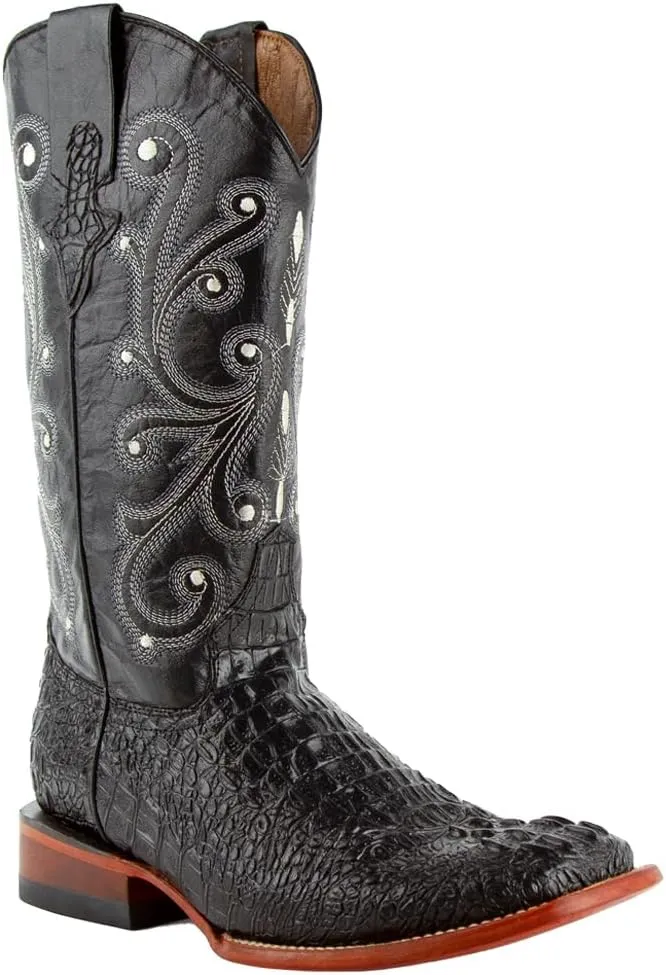 Mens Stampede Crocodile Embroidered Square Toe Casual Boots Mid Calf - Black